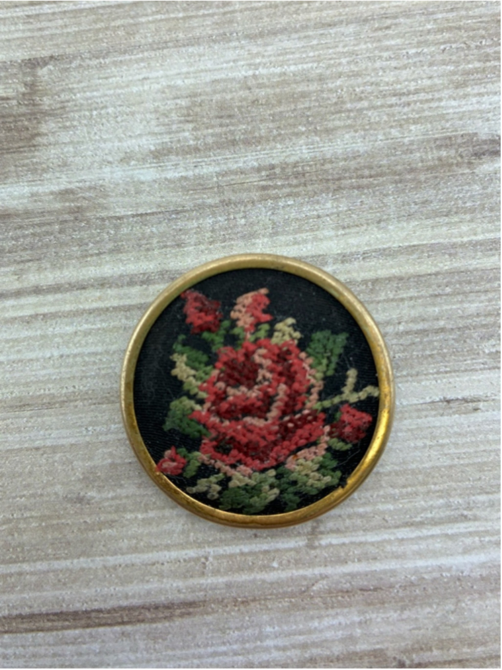 Vintage West Germany Embroidered Floral Tapestry Scarf Clip - Black with Rose
